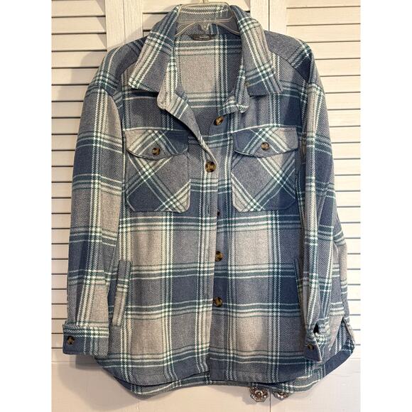 Members Mark Plaid SHACKET With Pockets Sz Large Turquoise and Gray - Picture 1 of 7